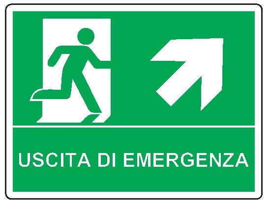 Cartello bifacciale in All. 210x160 mm USCITA DI EMERGENZA CON FRECCIA IN ALTO A DX