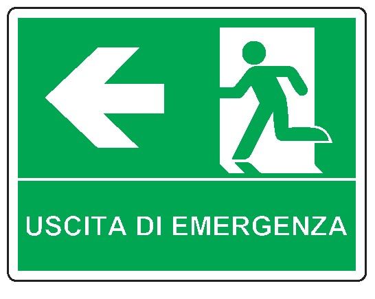 Cartello bifacciale in All. 325x245 mm USCITA DI EMERGENZA A SX CON FRECCIA