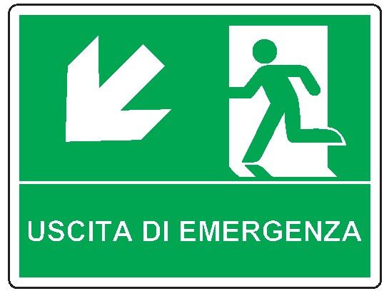 Cartello bifacciale in All. 500x400 mm USCITA DI EMERGENZA CON FRECCIA IN BASSO A SX