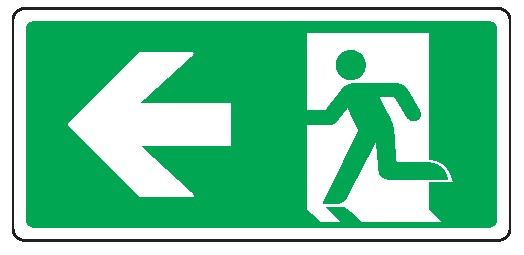 Cartello bifacciale sospeso in All. 220x125 mm USCITA DI EMERGENZA A SX CON FRECCIA