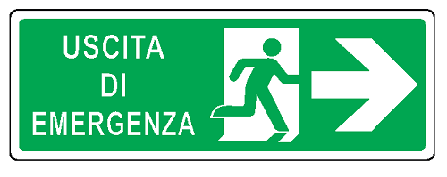 Cartello bifacciale sospeso in All. 350x125 mm USCITA DI EMERGENZA A DX CON FRECCIA