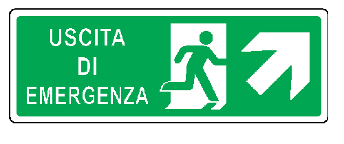 Cartello bifacciale sospeso in All. 350x125 mm USCITA DI EMERGENZA CON FRECCIA IN ALTO A DX