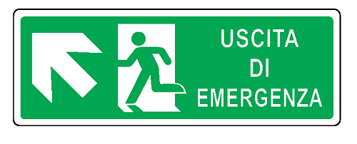 Cartello bifacciale sospeso in All. 350x125 mm USCITA DI EMERGENZA CON FRECCIA IN ALTO A SX