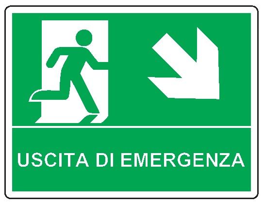 Cartello bifacciale sospeso in All. 500x400 mm USCITA DI EMERGENZA CON FRECCIA IN BASSO A DX