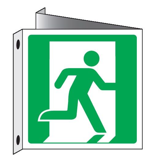 Cartello bifacciale Triangolato in All. 110x110 mm USCITA DI EMERGENZA A DX
