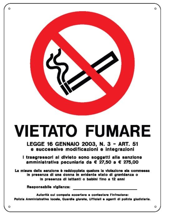 Cartello in All. 150x200 mm VIETATO FUMARE CON LEGGE
