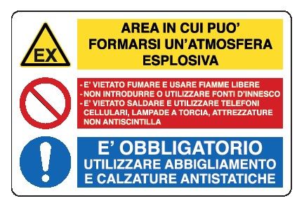 Cartello in All. 300x200 mm AREA IN CUI PUò FEROMARSI UN ATMOSFERA ESPLOSIVA È VIETATO è OBBLIGATORIO