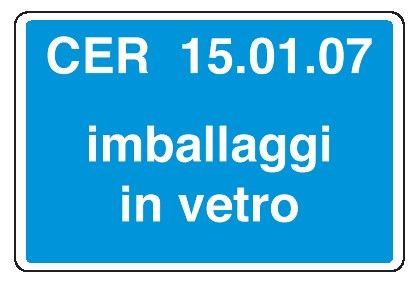 Cartello in All. 300x200 mm CER 15.01.07 IMBALLAGGI IN VETRO (FONDO AZZURRO)