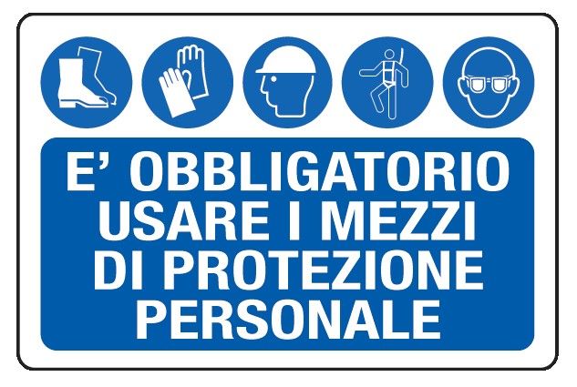 Cartello in All. 300x200 mm È OBBLIGATORIO USARE I MEZZI DI PROTEZIONE PERSONALE