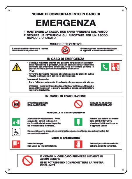 Cartello in All. 330x470 mm NORME DI COMPORTAMENTO IN CASO DI EMERGENZA