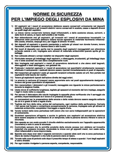 Cartello in All. 330x470 mm NORME DI SICUREZZA PER L'IMPIEGO DEGLI ESPLOSIVI DA MINA