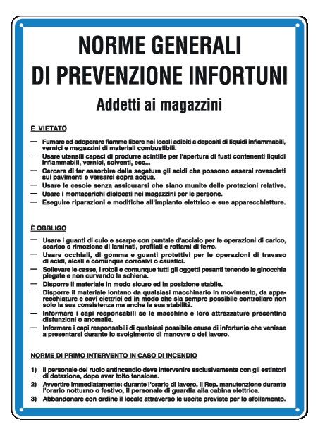 Cartello in All. 330x470 mm NORME GENERALI PREVENZIONE INFORTUNI ADDETTI AI MAGAZZINI