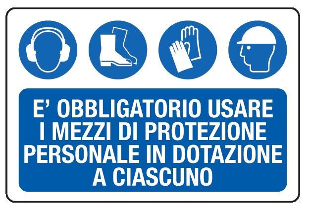 Cartello in All. 500x330 mm È OBBLIGATORIO USARE I MEZZI DI PROTEZIONE PERSONALE IN DOTAZIONE A CIASCUNO