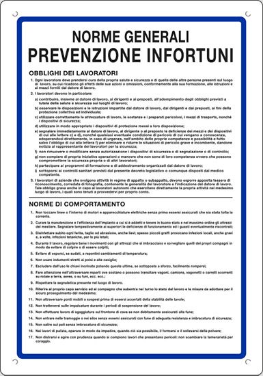 Cartello in polionda cm 60x40 NORME GENERALI PREVENZIONE INFORTUNI OBBLIGHI DEI LAVORATORI NORME DI COMPORTAMENTO