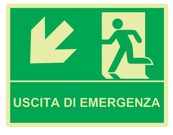 Cartello Luminescente bifacciale in All. 325x245 mm USCITA DI EMERGENZA CON FRECCIA IN BASSO A SX