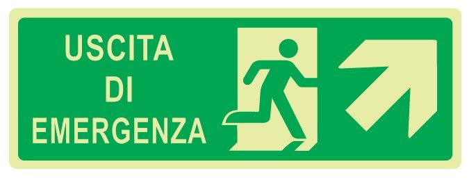 Cartello Luminescente bifacciale in All. 350x125 mm USCITA DI EMERGENZA CON FRECCIA IN ALTO A DX