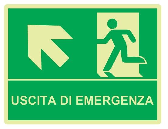 Cartello Luminescente bifacciale in All. 500x400 mm USCITA DI EMERGENZA CON FRECCIA IN ALTO A SX