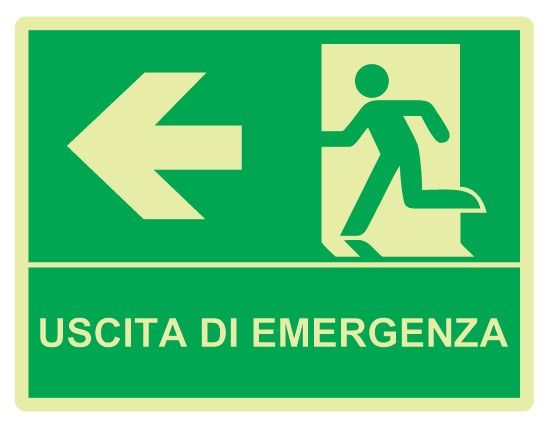 Cartello Luminescente bifacciale sospeso in All. 200x160 mm USCITA DI EMERGENZA A SX CON FRECCIA