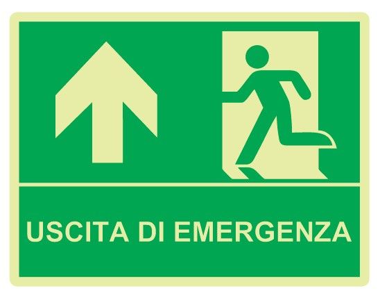 Cartello Luminescente bifacciale sospeso in All. 325x245 mm USCITA DI EMERGENZA CON FRECCIA VERSO L'ALTO
