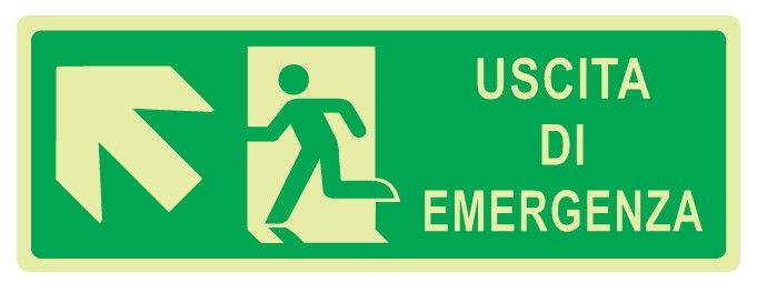 Cartello Luminescente bifacciale sospeso in All. 350x125 mm USCITA DI EMERGENZA CON FRECCIA IN ALTO A SX