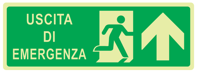 Cartello Luminescente bifacciale sospeso in All. 350x125 mm USCITA DI EMERGENZA CON FRECCIA VERSO L'ALTO