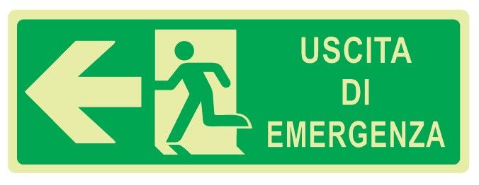 Cartello Luminescente in All. 350x125 mm USCITA DI EMERGENZA A SX CON FRECCIA