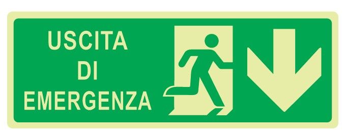 Cartello Luminescente in All. 350x125 mm USCITA DI EMERGENZA CON FRECCIA VERSO IL BASSO